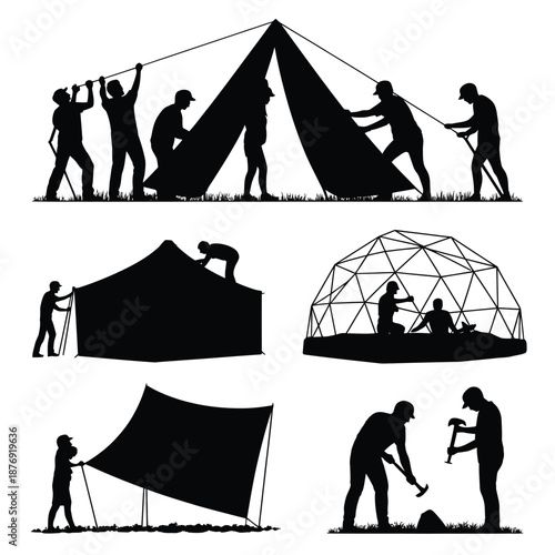 Silhouettes of people constructing various types of shelters and tents