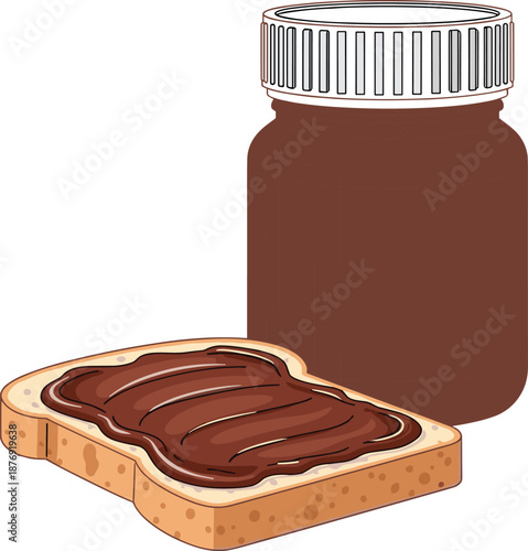 Chocolate spread on bread, breakfast snack, sweet food, creamy texture, delicious treat, morning meal, brown jar, flat vector illustration