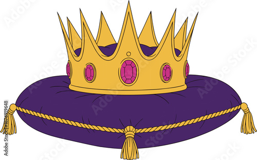 Golden crown on cushion, royal symbol, red gemstones, regal decoration, monarchy concept, prestige icon, flat vector illustration