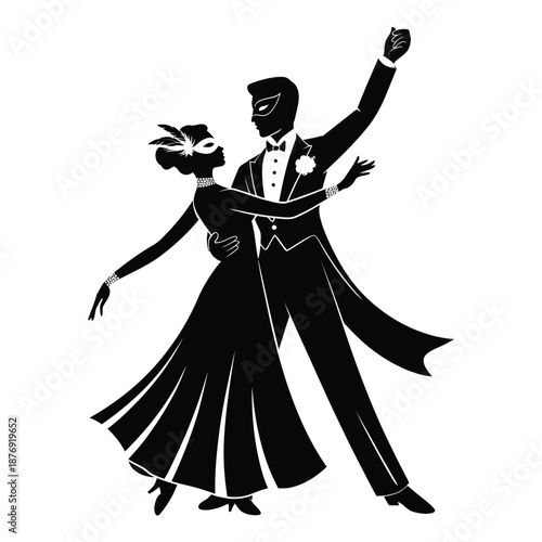 black and white silhouette of a dancing couple in formal attire