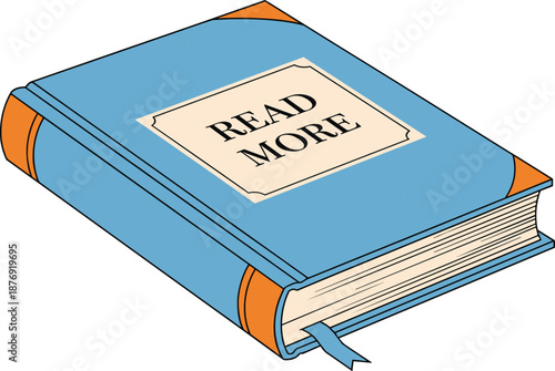 Closed book with label, blue cover, orange corners, reading message, bookmark ribbon, learning concept, flat vector illustration