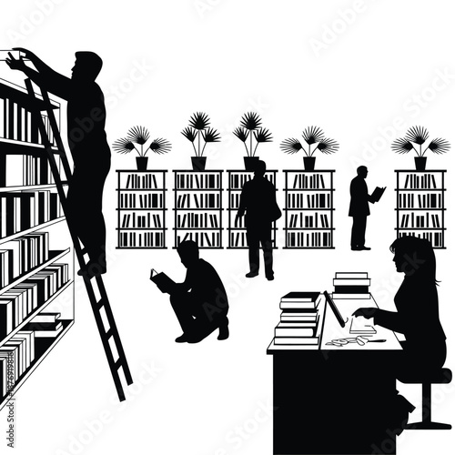 silhouette of people in a library with books and plants