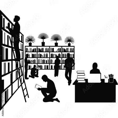 silhouette of people in a library with bookshelves and a desk