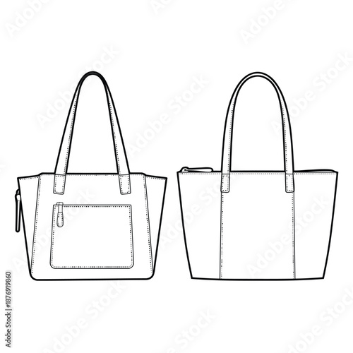 Line drawing of two tote bags front and side view shown
