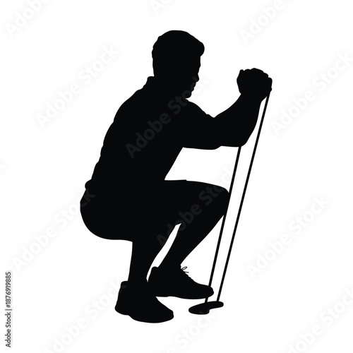 Silhouette of a man performing a squat exercise with resistance band