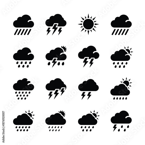 Various weather icons depicting sun clouds rain and lightning