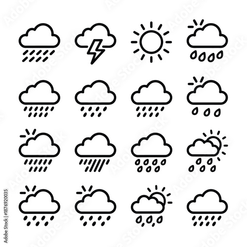 Weather icons depicting sun clouds rain and lightning conditions