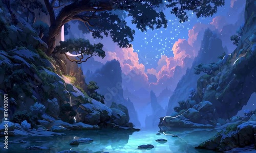 A breathtaking fantasy landscape featuring a serene river flowing through majestic mountains with a glowing waterfall and twinkling sky.