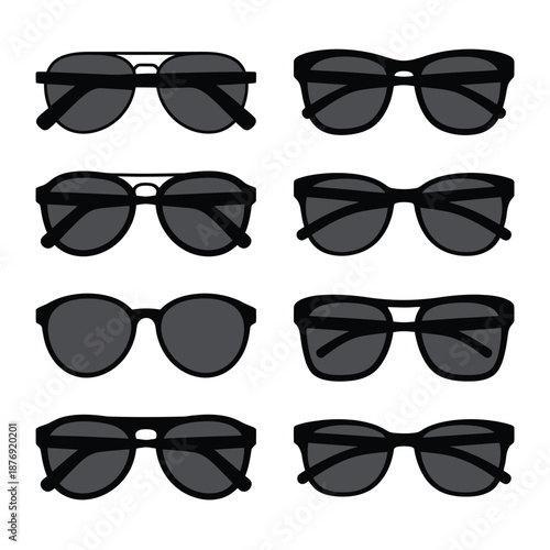 a collection of six different black sunglasses on a white background