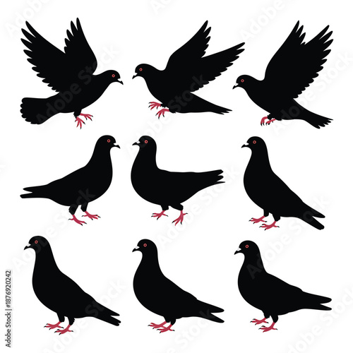black silhouettes of pigeons in various flying and standing positions