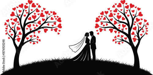 Silhouette of bride and groom standing between two trees with red hearts wedding