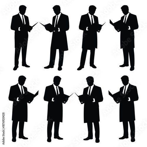 set of businessmen in suit silhouettes reading documents