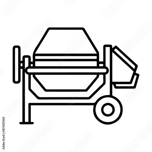 A portable cement mixer machine with a rotating drum and wheels for construction.