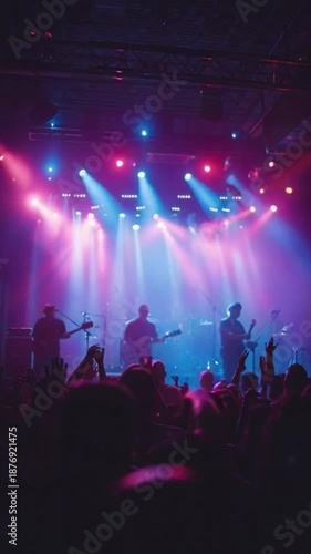 Wallpaper Mural Vertical video of a rock band performing live in a nightclub with colorful strobing stage lights, energetic crowd silhouettes raising hands, and lively front-row party atmosphere. Torontodigital.ca