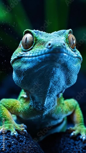 Detailed close-up of a vibrant green lizard perched on a dark volcanic rock in a moody tropical environment, for nature films and education. Vertical Video Portrait Orientation.