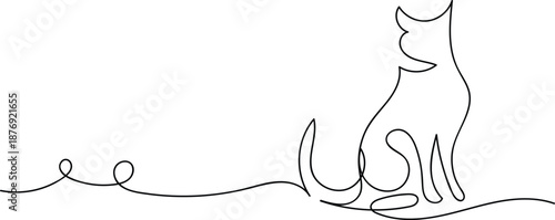 Single line of a sitting cat with a long tail animal