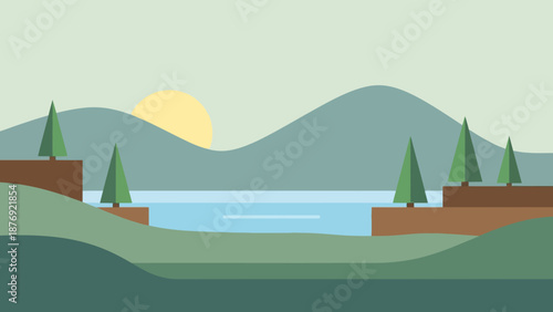 Serene Landscape with Mountains and Lake.