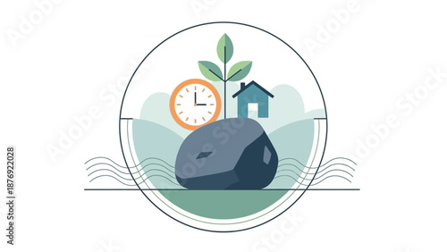 Clock and Rock with House and Sprout.