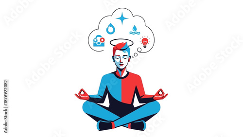 Man Meditating with Thought Bubbles Above.