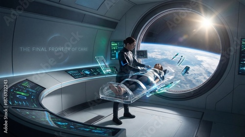 Wallpaper Mural Futuristic medical bay on space station with doctor treating patient in zero gravity. Torontodigital.ca