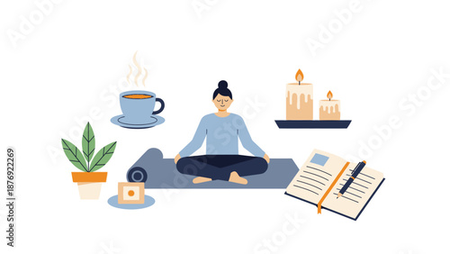 Woman Meditating with Coffee and Journal.
