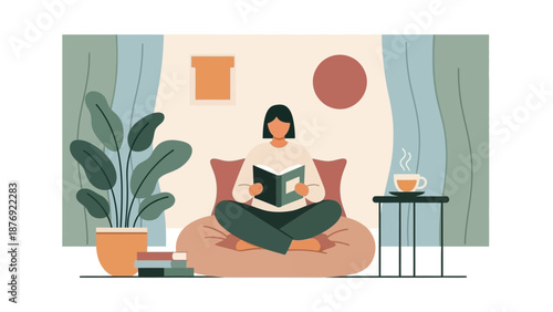 Woman Reading Book on Couch at Home.