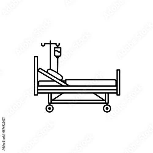 A classic line art icon showing a hospital bed equipped with an intravenous drip pole.