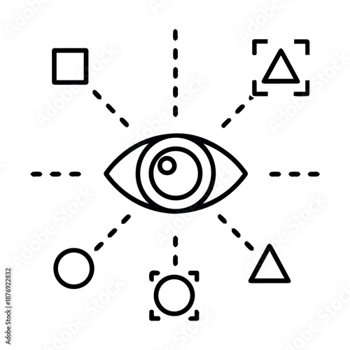 A compelling icon featuring an eye surrounded by various geometric shapes, symbolizing visual perception and object recognition.