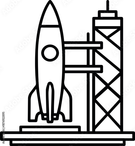 A minimalist black outline vector illustration showing a rocket standing on its launchpad tower.