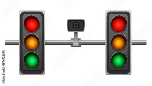 A traffic light with a security camera on a metal pole on transparent background