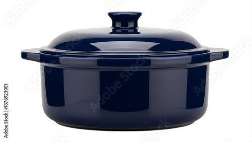 A dark blue ceramic pot with a lid on a transparent background