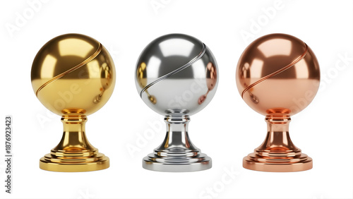 Three metallic paperweights in gold, silver, and copper on transparent background