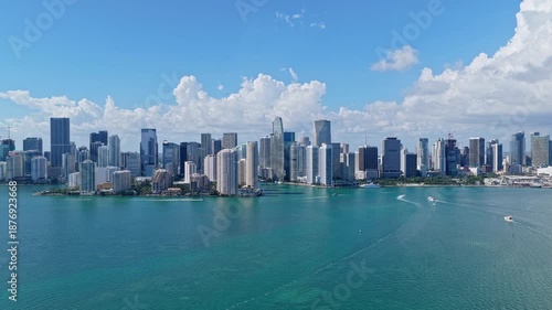 Florida modern skyscraper in downtown Miami. Aerial view Florida. Aerial view of Miami cityscape skyscraper. City skyline aerial cityscape. Brickell Key downtown. Cityscape of Miami downtown