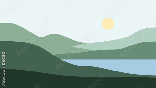 Serene Landscape with Rolling Hills and Lake.
