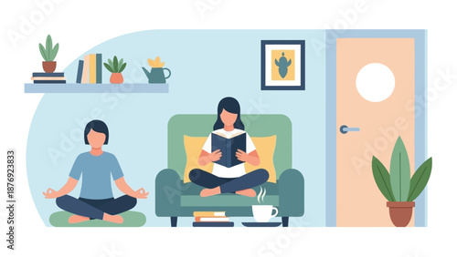 Woman Meditating and Reading in Calm Room.