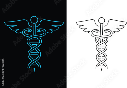 Conceptual fusion of Caduceus and DNA helix illustrating medical science and genetic health, symbolizing modern biomedical innovation