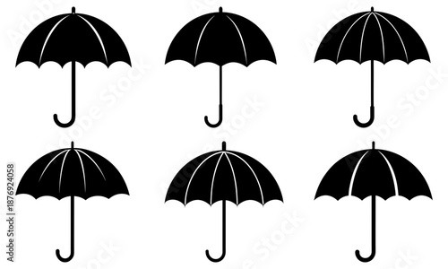 Six black umbrellas with white stripes on a transparent background rain