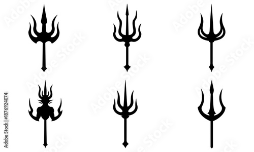 Set of Trident Symbols with Horned Skull on White Background silhouette black