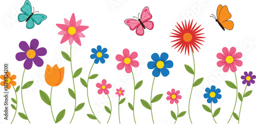 Colorful Garden Flower Bed With Beautiful Butterflies Spring Floral Collection Featuring Tulips Daisies and Nature Elements Vector Illustration for Summer Design