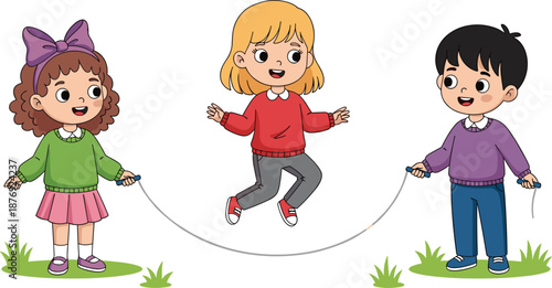 Cute Cartoon Children Jumping Rope in the Park Featuring Happy Little Boy and Girls Playing Outdoors Vector Illustration for Kids Desig