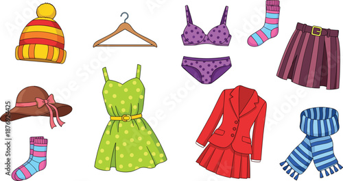 Cute Cartoon Women's Clothing and Accessories Set Featuring Dress Skirt Jacket Underwear Socks Hat Scarf and Hanger Vector Illustration Clipart