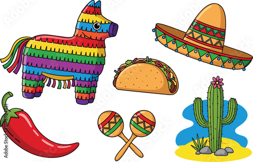Mexican Fiesta Celebration Set Featuring Rainbow Piñata Sombrero Taco Chili Pepper Maracas and Cactus Vector Illustration Clipart for Cinco de Mayo