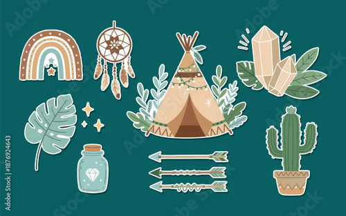 Boho Tribal Elements Sticker Set with Teepee and Dreamcatcher