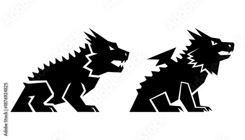 Two Dragon Silhouette Vector with Sharp Geometric Style. Abstract Dragon Silhouette Pair Flat Vector.