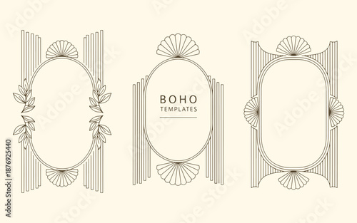 Boho Art Deco Linear Frame Templates with Shell Ornaments