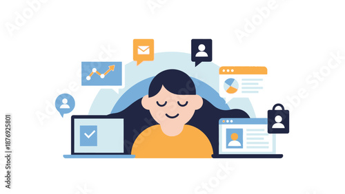 Woman Relaxing with Laptops and Notifications.