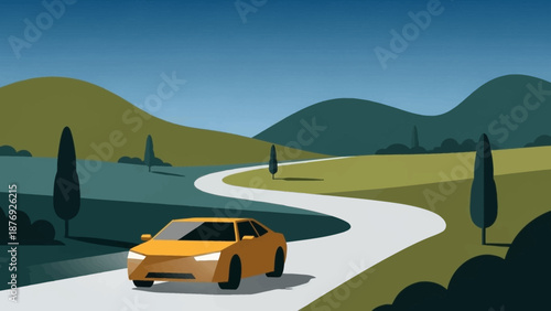 Orange Car on Winding Road Illustration.