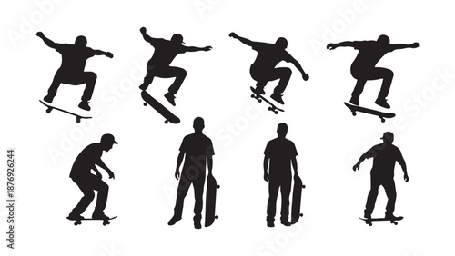 Skateboarder silhouettes in various tricks and poses