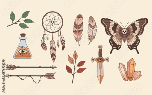 Mystic Occult Witchcraft Set with Skull Moth and Magic Dagger