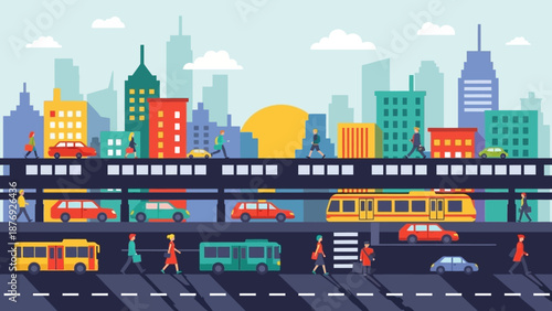 Cityscape with Buses and Pedestrians.